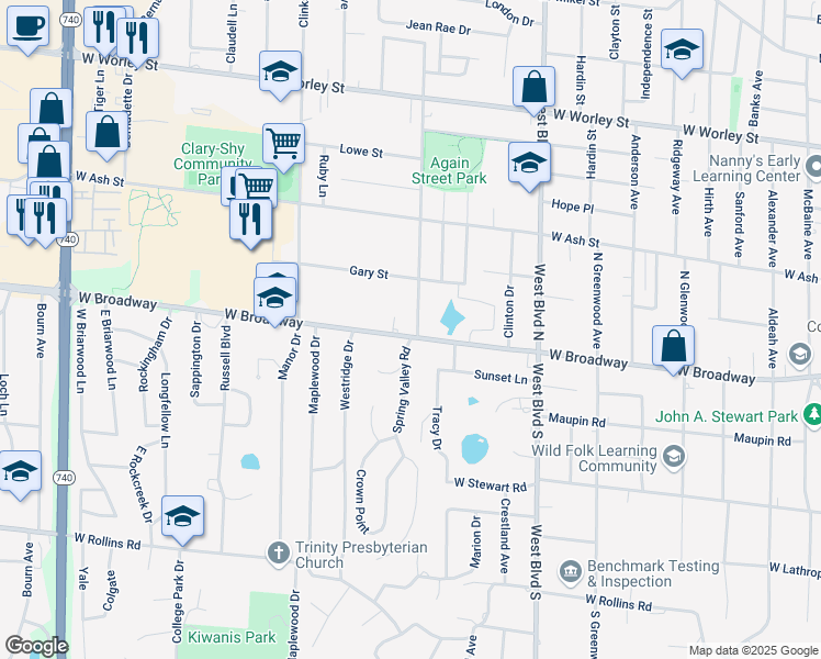 map of restaurants, bars, coffee shops, grocery stores, and more near 1301 West Broadway in Columbia