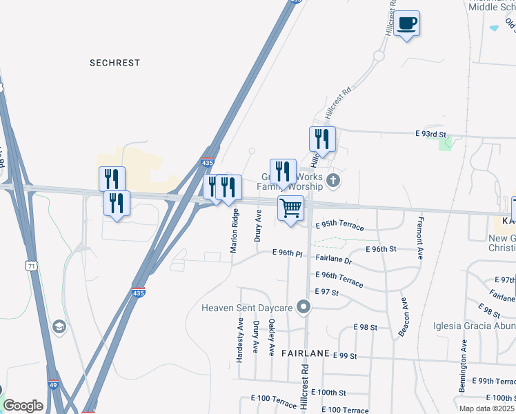 map of restaurants, bars, coffee shops, grocery stores, and more near 9512 Drury Avenue in Kansas City