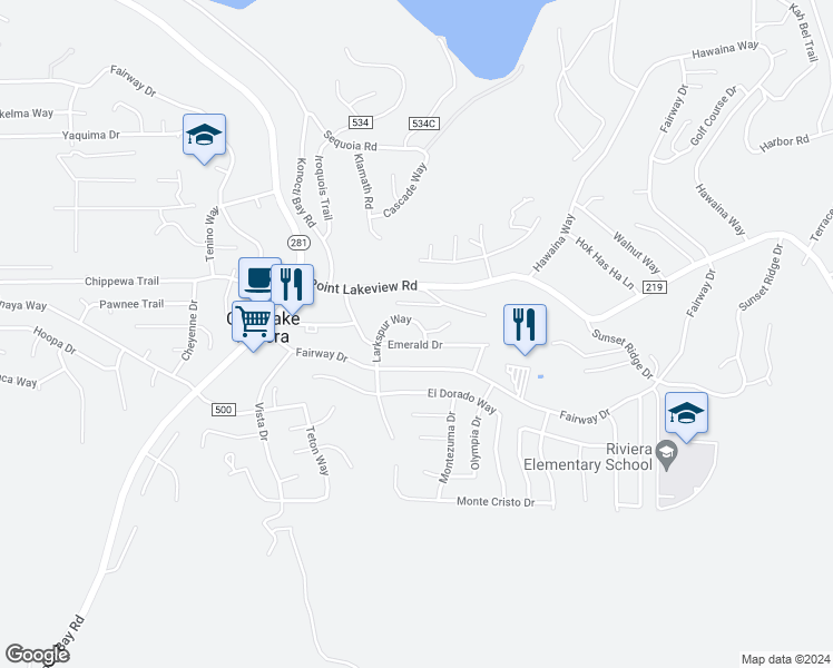 map of restaurants, bars, coffee shops, grocery stores, and more near 5010 Larkspur Way in Kelseyville