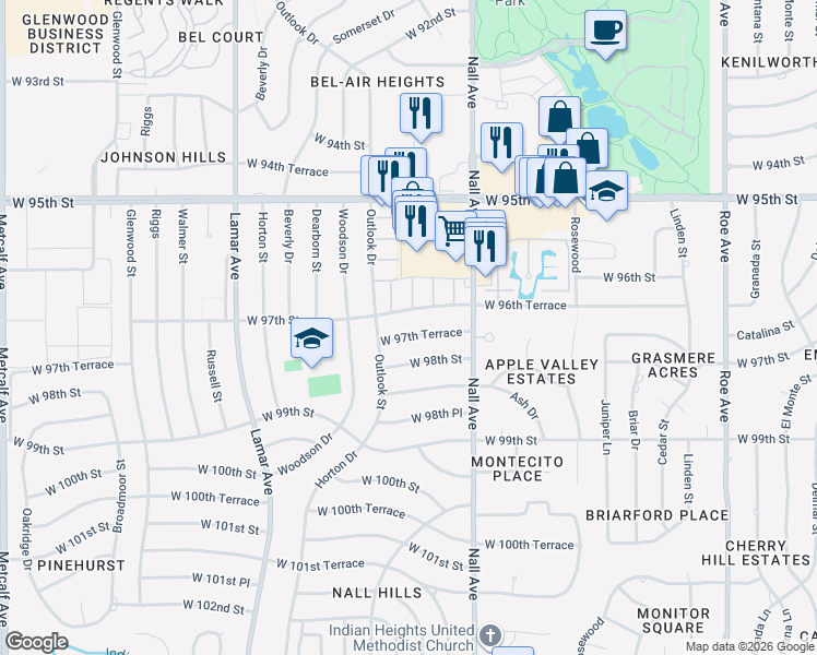 map of restaurants, bars, coffee shops, grocery stores, and more near 5700 West 97th Street in Overland Park