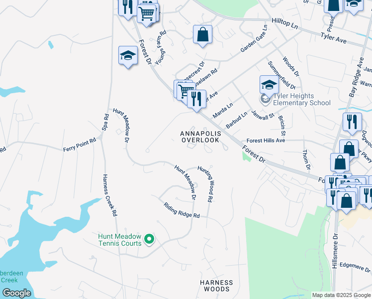 map of restaurants, bars, coffee shops, grocery stores, and more near 30 Ironstone Court in Annapolis