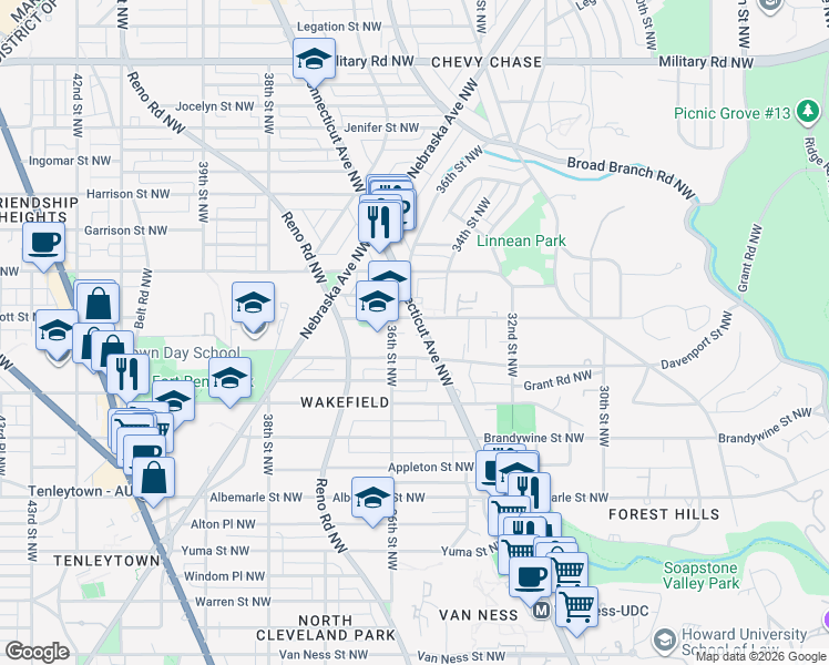 map of restaurants, bars, coffee shops, grocery stores, and more near 4850 Connecticut Avenue Northwest in Washington