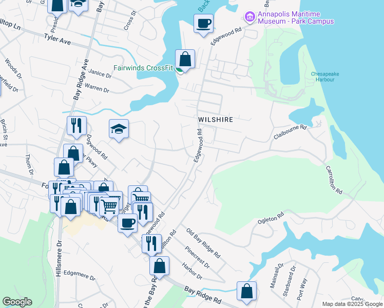 map of restaurants, bars, coffee shops, grocery stores, and more near 961 Yachtsman Way in Annapolis