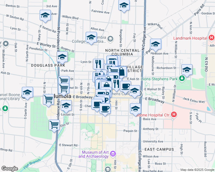map of restaurants, bars, coffee shops, grocery stores, and more near 101 North 10th Street in Columbia