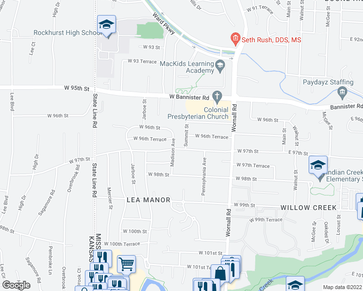 map of restaurants, bars, coffee shops, grocery stores, and more near 9612 Summit Street in Kansas City