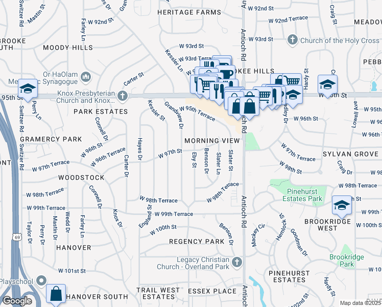 map of restaurants, bars, coffee shops, grocery stores, and more near 9626 Eby Street in Overland Park