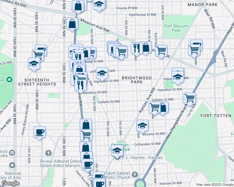map of restaurants, bars, coffee shops, grocery stores, and more near 5132 7th Street Northwest in Washington