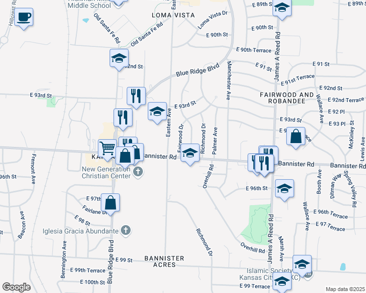 map of restaurants, bars, coffee shops, grocery stores, and more near 9402 Oakland Avenue in Kansas City