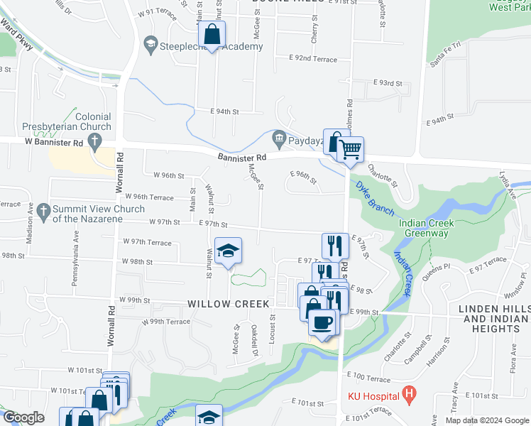 map of restaurants, bars, coffee shops, grocery stores, and more near 9649 McGee Street in Kansas City