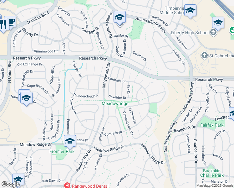 map of restaurants, bars, coffee shops, grocery stores, and more near 8415 Sassafras Drive in Colorado Springs