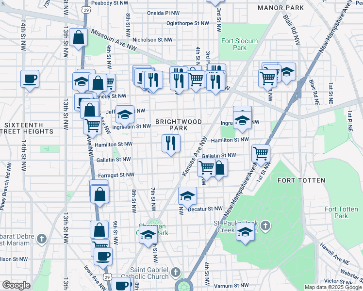 map of restaurants, bars, coffee shops, grocery stores, and more near 5127 5th Street Northwest in Washington