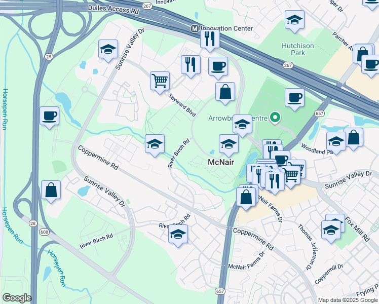 map of restaurants, bars, coffee shops, grocery stores, and more near 13595 Dulles Technology Drive in Herndon