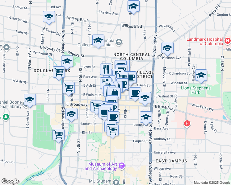 map of restaurants, bars, coffee shops, grocery stores, and more near 101 North 10th Street in Columbia