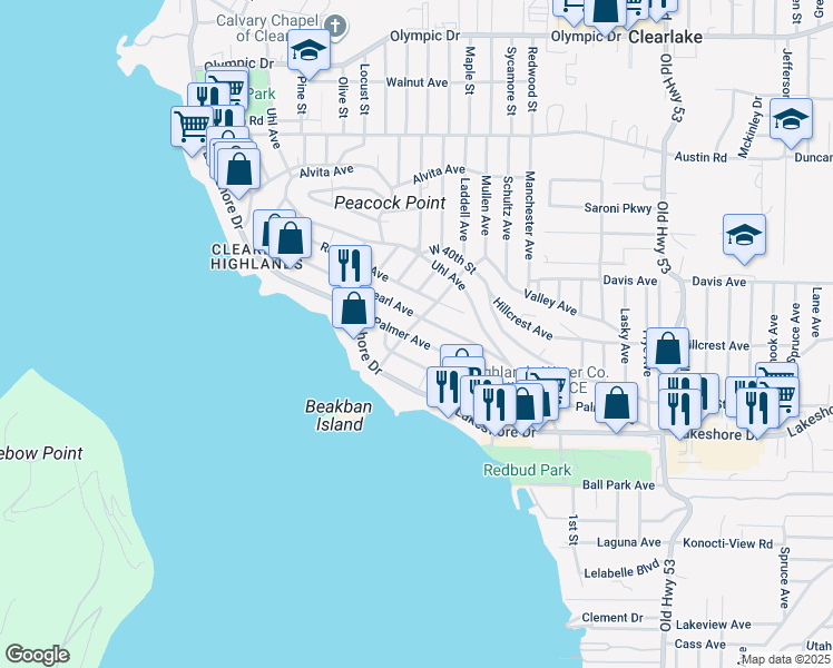 map of restaurants, bars, coffee shops, grocery stores, and more near 14543 Pearl Avenue in Clearlake