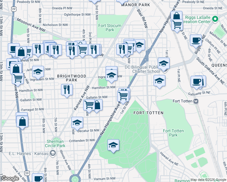 map of restaurants, bars, coffee shops, grocery stores, and more near 101 Independence Avenue Southeast in Washington