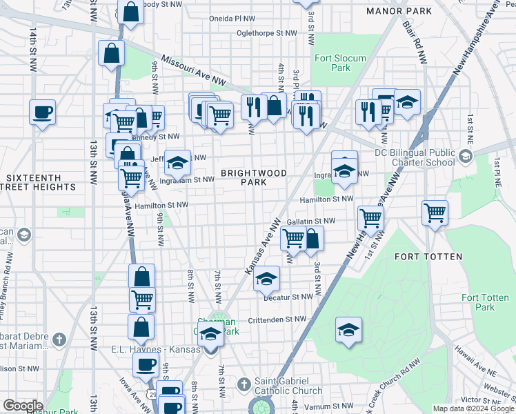 map of restaurants, bars, coffee shops, grocery stores, and more near 5127 5th Street Northwest in Washington