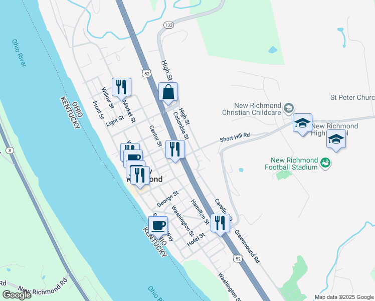 map of restaurants, bars, coffee shops, grocery stores, and more near 215 Columbia Street in New Richmond