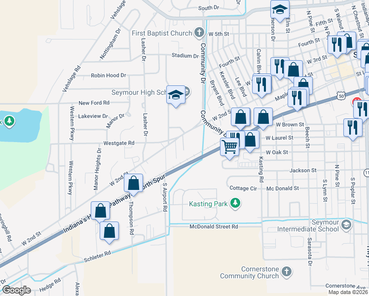 map of restaurants, bars, coffee shops, grocery stores, and more near 1369 1 West 2nd Street in Seymour