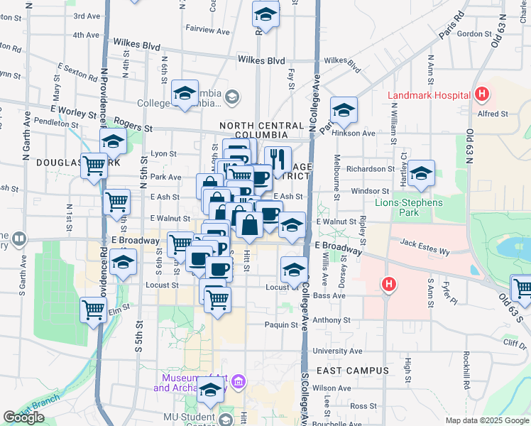 map of restaurants, bars, coffee shops, grocery stores, and more near 110 Orr Street in Columbia