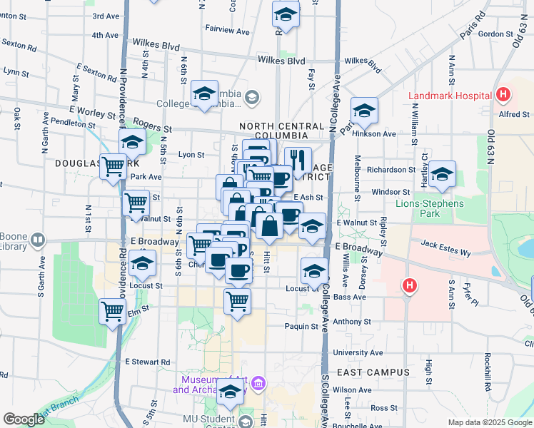 map of restaurants, bars, coffee shops, grocery stores, and more near 110 Orr Street in Columbia