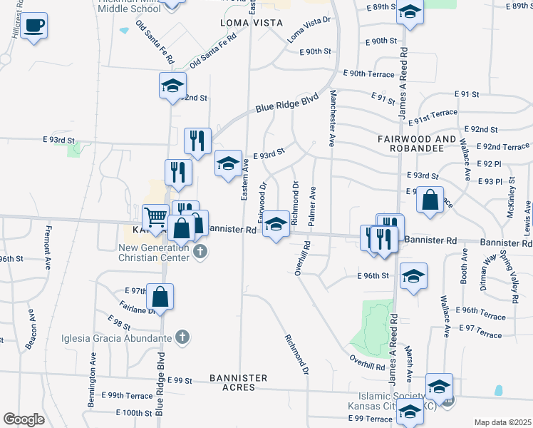 map of restaurants, bars, coffee shops, grocery stores, and more near 9402 Oakland Avenue in Kansas City