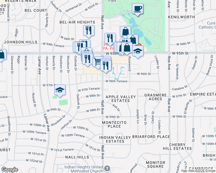 map of restaurants, bars, coffee shops, grocery stores, and more near 5421 West 96th Terrace in Overland Park