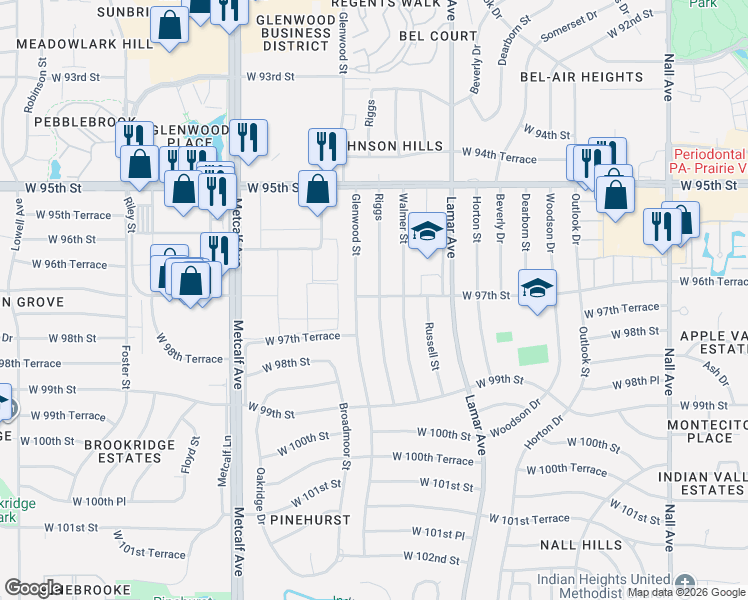 map of restaurants, bars, coffee shops, grocery stores, and more near 9641 Glenwood Street in Overland Park