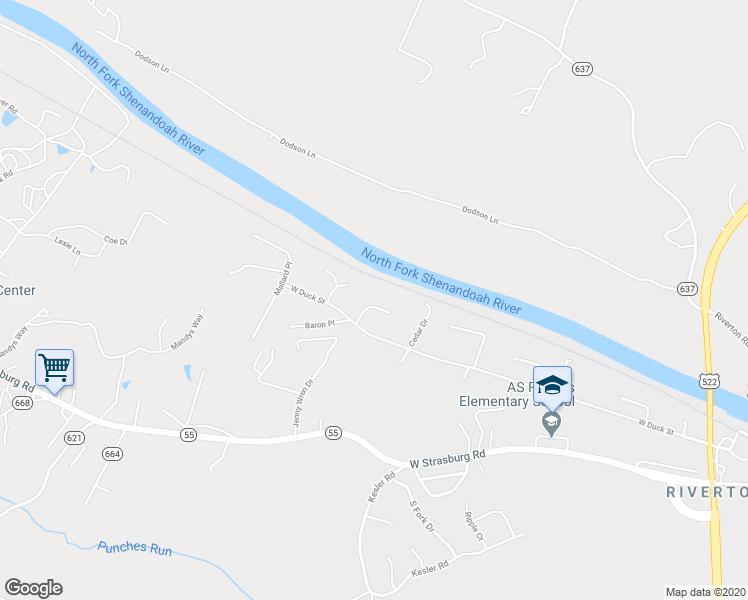 map of restaurants, bars, coffee shops, grocery stores, and more near 1423 River Court in Front Royal