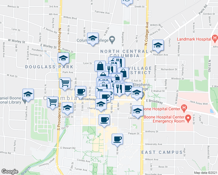 map of restaurants, bars, coffee shops, grocery stores, and more near 101 North 10th Street in Columbia