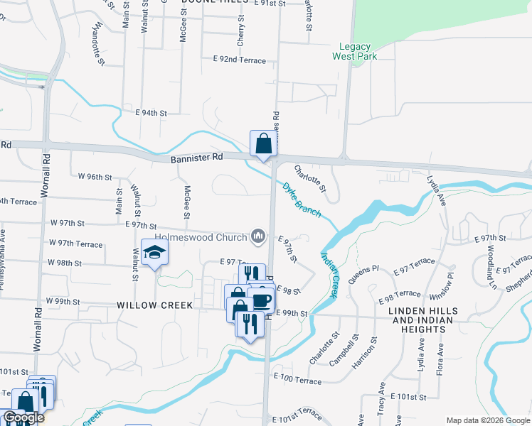 map of restaurants, bars, coffee shops, grocery stores, and more near 9600 Holmes Road in Kansas City
