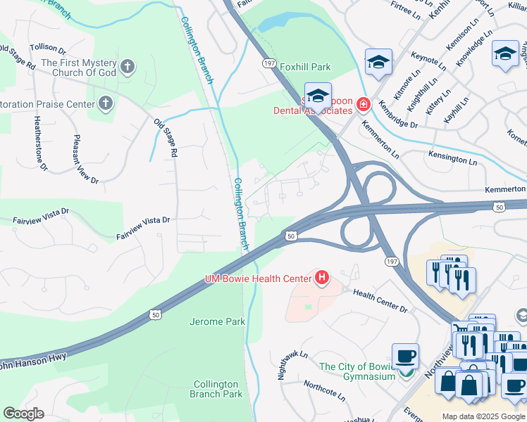 map of restaurants, bars, coffee shops, grocery stores, and more near 14605 London Lane in Bowie