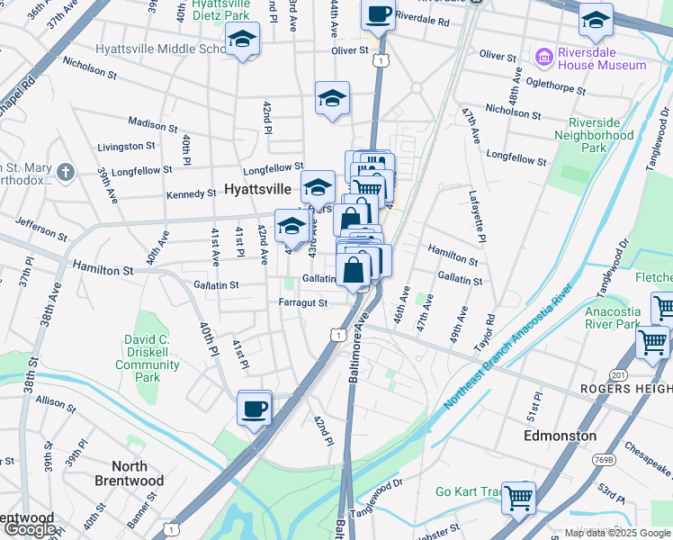 map of restaurants, bars, coffee shops, grocery stores, and more near 4310 Gallatin Street in Hyattsville