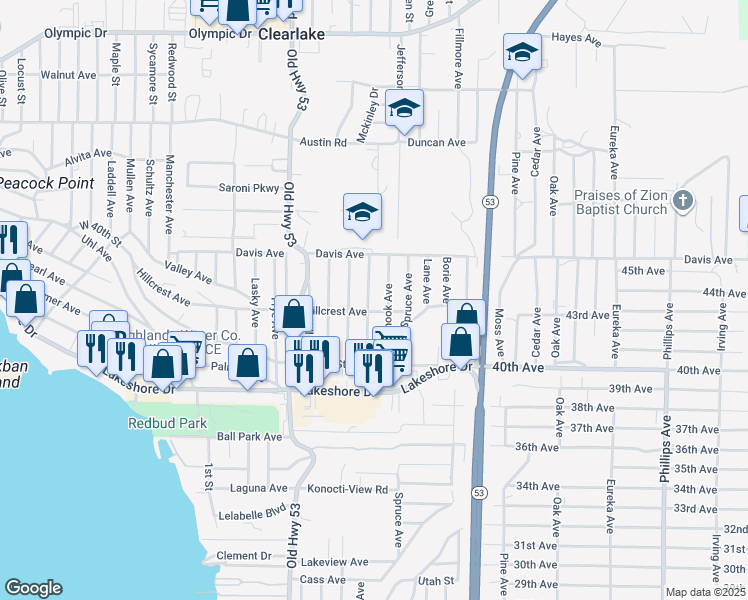 map of restaurants, bars, coffee shops, grocery stores, and more near 4139 Sunset Avenue in Clearlake