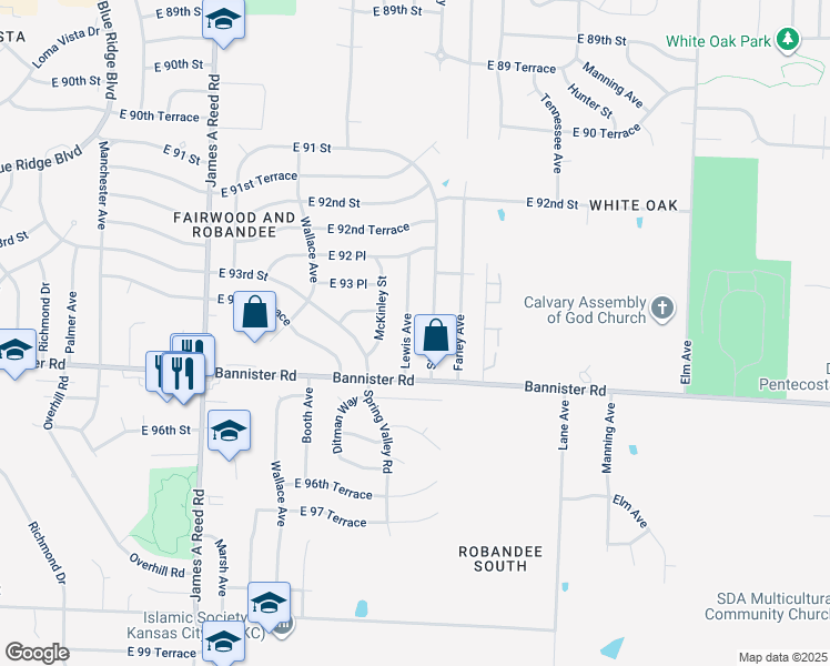 map of restaurants, bars, coffee shops, grocery stores, and more near 9405 Lewis Avenue in Kansas City