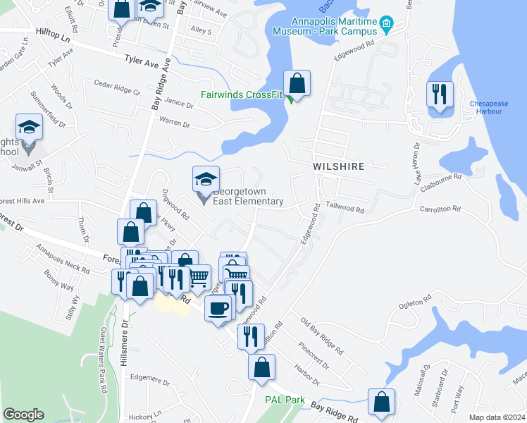 map of restaurants, bars, coffee shops, grocery stores, and more near 905 Windwhisper Lane in Annapolis