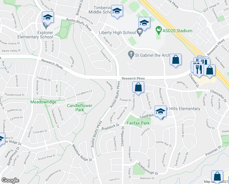 map of restaurants, bars, coffee shops, grocery stores, and more near 4598 Scarlet Drive in Colorado Springs