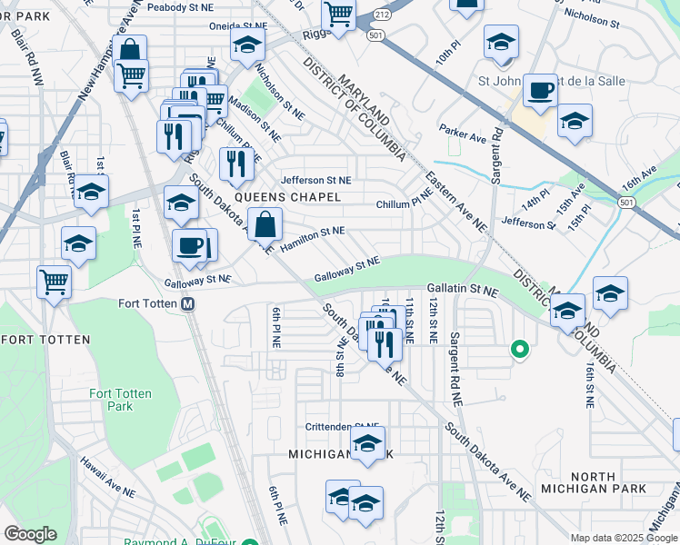 map of restaurants, bars, coffee shops, grocery stores, and more near Galloway Street Northeast in Washington