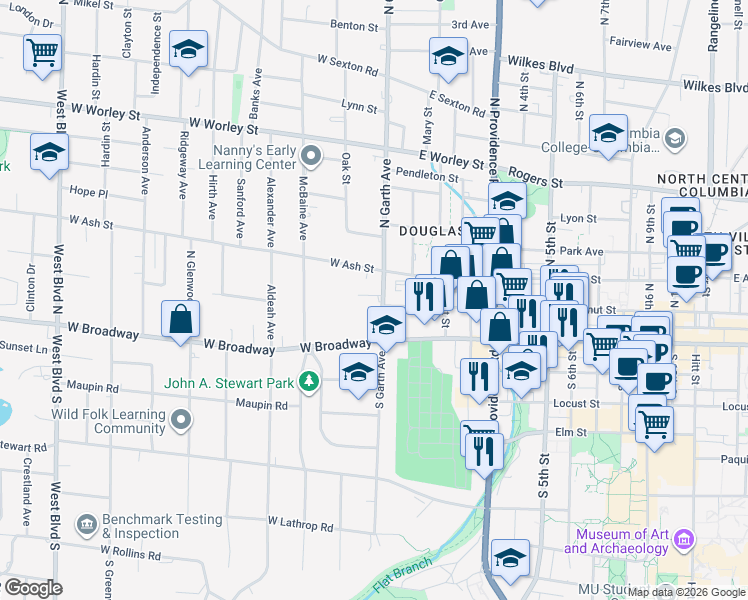 map of restaurants, bars, coffee shops, grocery stores, and more near 108 West Ash Street in Columbia