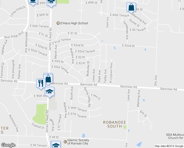 map of restaurants, bars, coffee shops, grocery stores, and more near 9404 Lewis Avenue in Kansas City