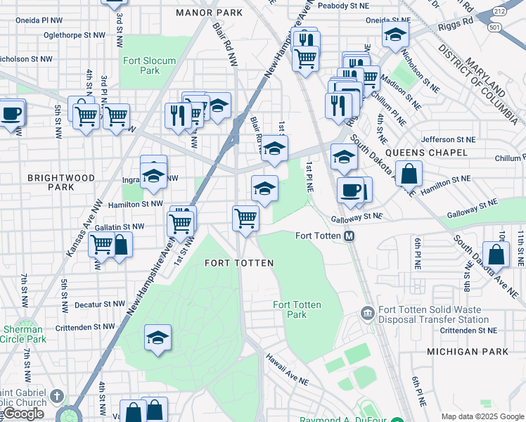 map of restaurants, bars, coffee shops, grocery stores, and more near 100 Gallatin Street Northeast in Washington