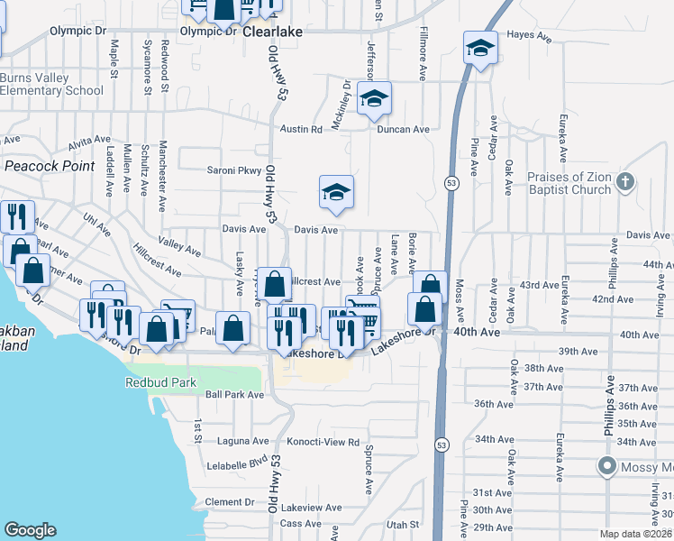 map of restaurants, bars, coffee shops, grocery stores, and more near 4219 Sunset Avenue in Clearlake