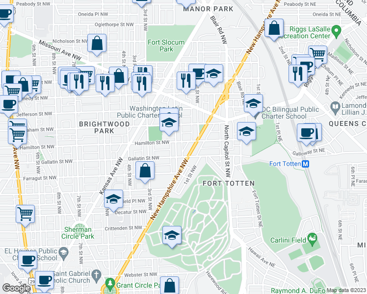 map of restaurants, bars, coffee shops, grocery stores, and more near 126 Hamilton Street Northwest in Washington
