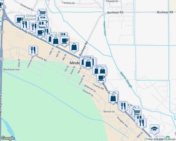 map of restaurants, bars, coffee shops, grocery stores, and more near 1594 Esmeralda Avenue in Minden