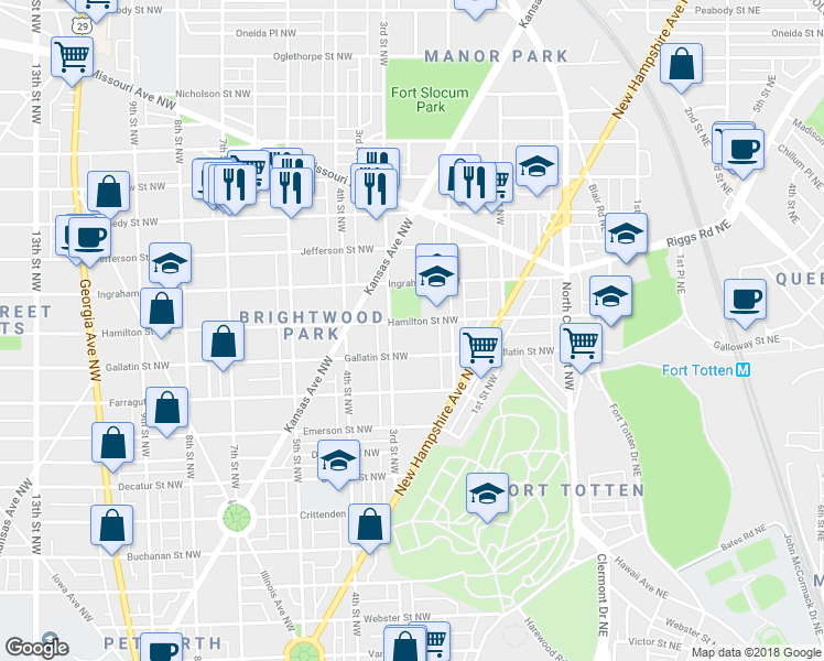 map of restaurants, bars, coffee shops, grocery stores, and more near 240 Hamilton Street Northwest in Washington