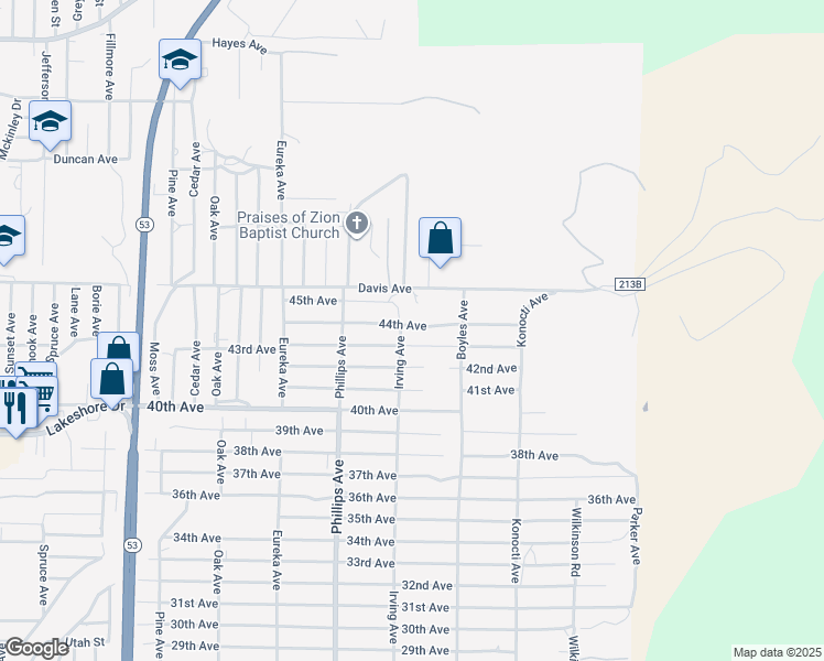 map of restaurants, bars, coffee shops, grocery stores, and more near 16031 44th Avenue in Clearlake