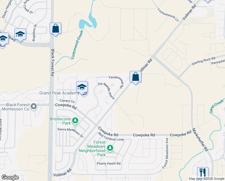 map of restaurants, bars, coffee shops, grocery stores, and more near 7156 Aspen Brush Court in Colorado Springs