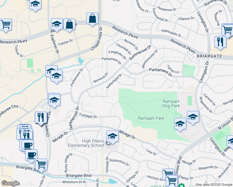 map of restaurants, bars, coffee shops, grocery stores, and more near 2285 Cloverdale Drive in Colorado Springs