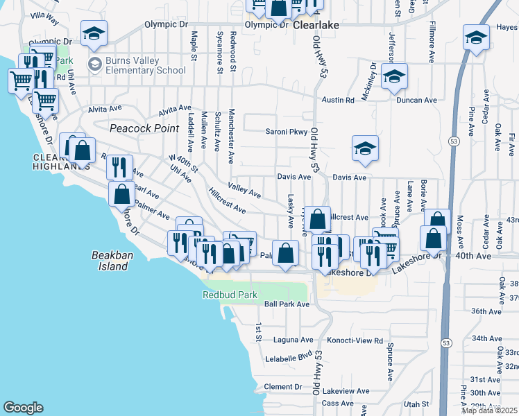 map of restaurants, bars, coffee shops, grocery stores, and more near 14817 Valley Avenue in Clearlake