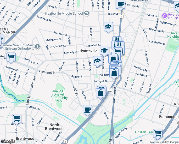 map of restaurants, bars, coffee shops, grocery stores, and more near 5204 42nd Avenue in Hyattsville