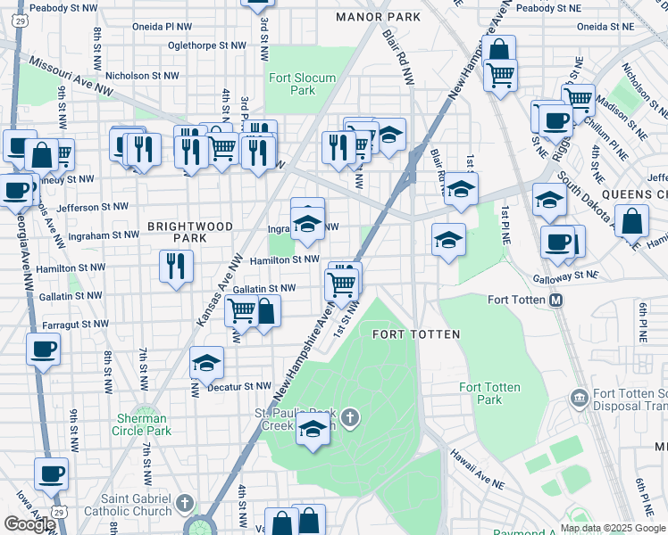 map of restaurants, bars, coffee shops, grocery stores, and more near 126 Hamilton Street Northwest in Washington